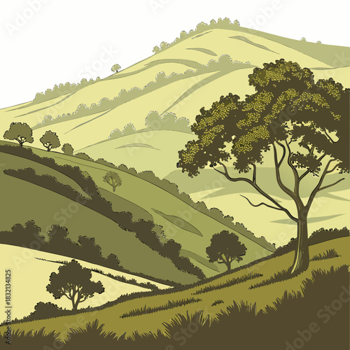 Idyllic rolling hills landscape with lush green trees and golden sunlight