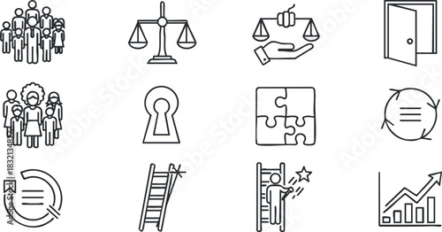 A collection of business and community icons representing justice, teamwork, and growth in minimalist line art style, suitable for corporate branding and presentations