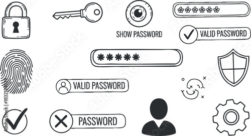A collection of password security icons including lock, key, fingerprint, and validation symbols in minimalist vector style, ideal for web and app design