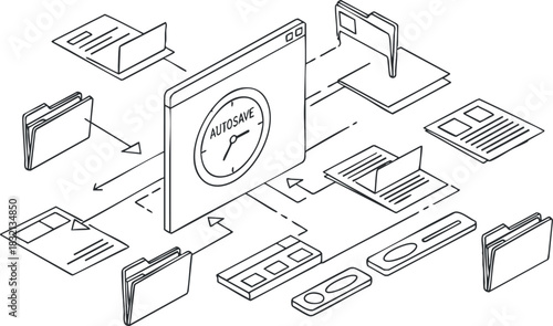 A digital file management system illustration featuring an autosave concept in a minimalist vector style, ideal for technology and software applications
