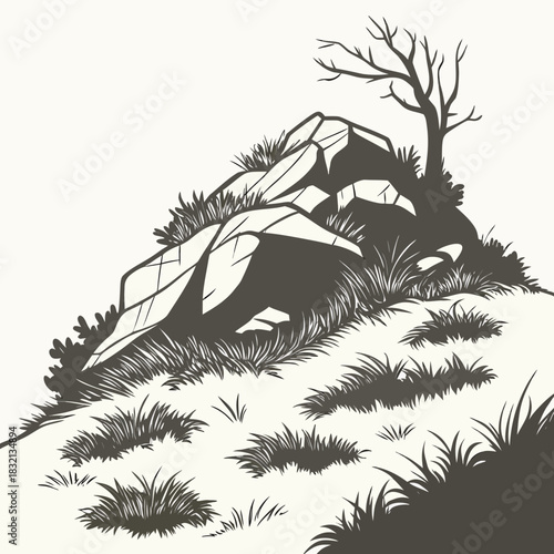 Stylized illustration of a rocky outcrop with sparse grass and a bare tree against a plain background