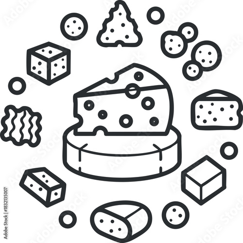 A collection of various cheese types, including cubes and slices, in black and white outline vector style, perfect for food-related designs and menus