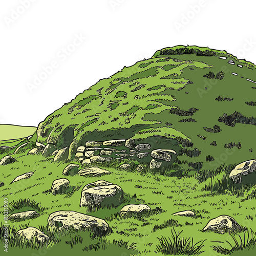 Ancient stone structure built into a grassy hillside with scattered rocks and vegetation