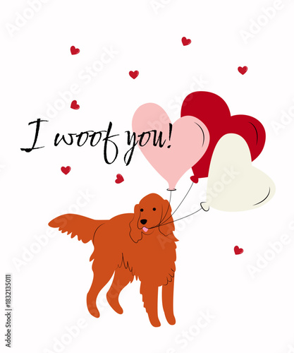 Greeting card with a dog Declaration of love Dog holding balloons in its mouth Irish setter Vector