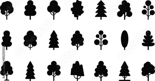 Collection of black silhouette icons of various trees nature plant