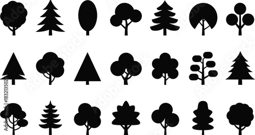 Collection of black silhouette icons of various trees nature plant