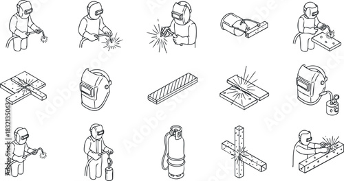 A collection of welding and metalworking icons in outline style, perfect for industry-related projects and educational materials
