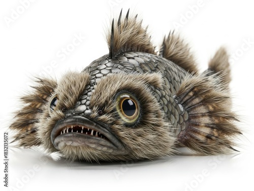 Scary plush fish toy isolated on white background