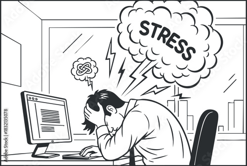 A businessman feeling overwhelmed by stress at his desk with a computer in black and white vector style, ideal for mental health awareness campaigns