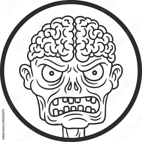 A cartoonish angry zombie with a visible brain in outline vector style, suitable for horror-themed illustrations and designs