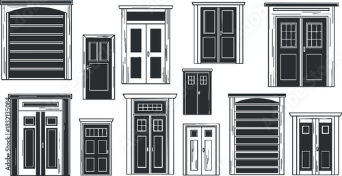 A collection of various door designs in black and white vector style, suitable for architectural illustration and home design projects