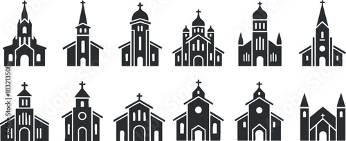 A collection of various church buildings in black and white minimalist vector style, ideal for religious themes and design projects