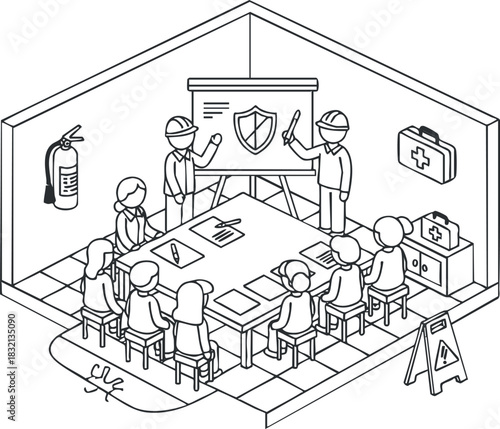 A safety training meeting with participants and a presenter in black and white outline vector style, ideal for educational materials