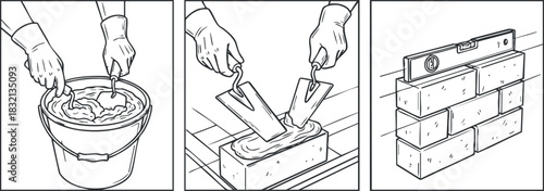 A step-by-step illustration of bricklaying process in outline style, suitable for construction guides and tutorials