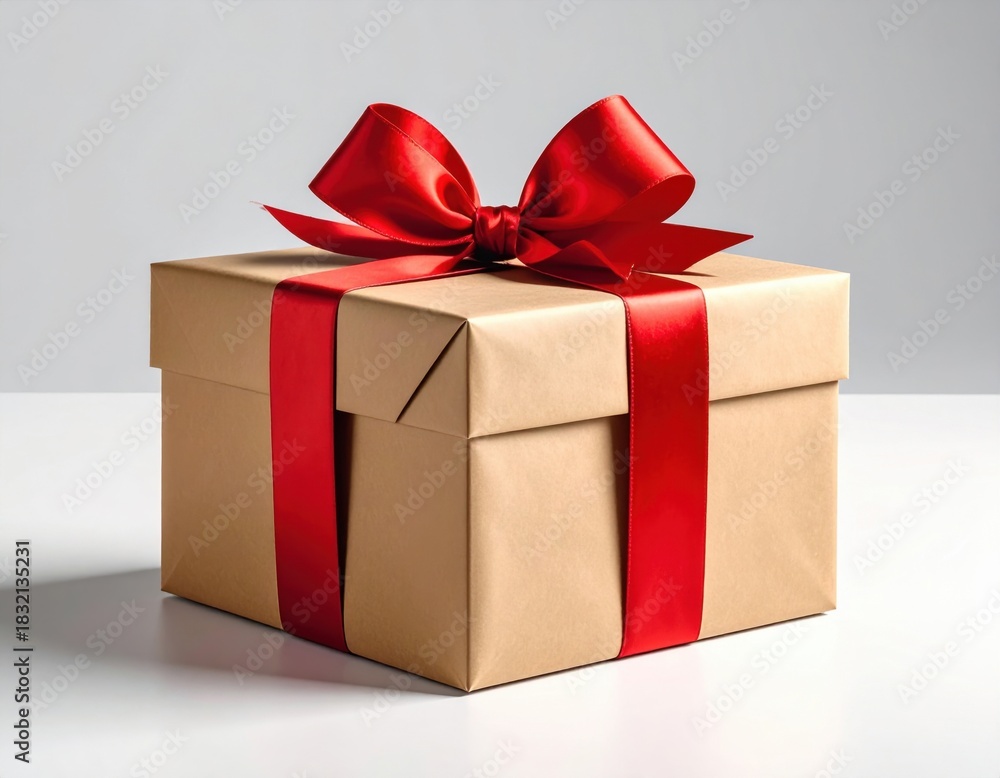 Fototapeta premium Elegant brown gift box, meticulously wrapped and adorned with a bright red satin ribbon and a beautiful bow, stands ready for a joyful celebration.