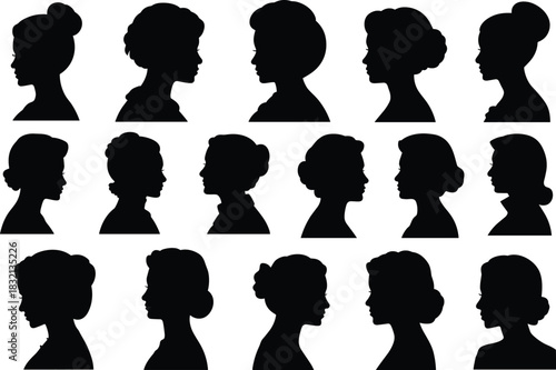 Collection of diverse female profile silhouettes with elegant hairstyles Keywords: silhouette, woman, female, profile, head