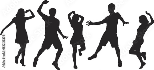 PrintBlack Silhouette Vector of Five People Dancing Energetically, Celebrating Music, Party, Freedom, Nightlife, Youth, Excitement, Fun, and Vibrant Celebration on a White Background.