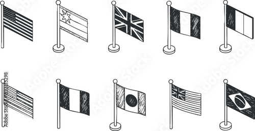 A collection of hand-drawn country flags in sketch style, ideal for educational materials and global representation