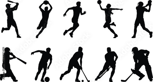 Diverse Sports Player Silhouettes in Action Poses on White Background athlete baseball