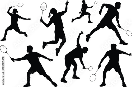 Dynamic Black Silhouettes of Badminton Players in Action on White Background Keywords: badminton, sport, athlete, player