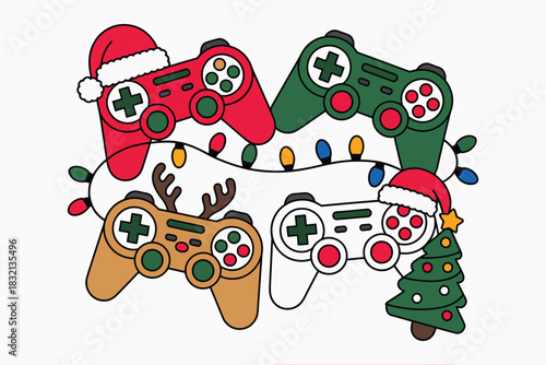Christmas gamer video game controllers with santa hats, reindeer antlers, tree and festive string lights t-shirt design