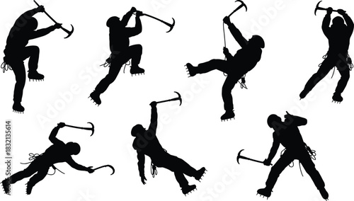 Dynamic Silhouettes of Ice Climbers Ascending a Steep Surface ice climbing mountaineering