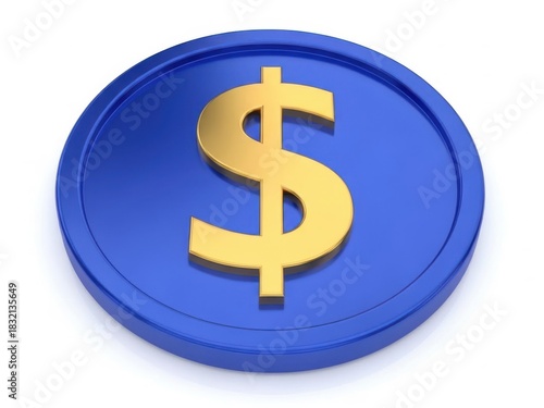 Golden dollar sign on blue coin isolated on white background