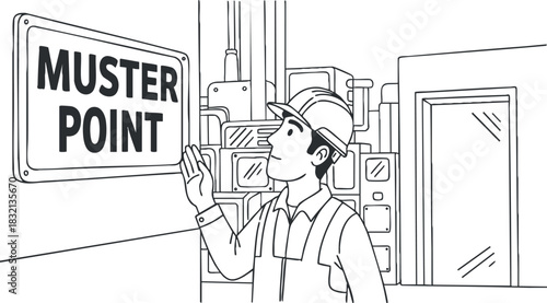 An illustration of a worker standing next to a muster point sign in black and white outline vector style, suitable for safety training materials