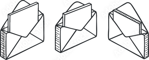 A set of three outlined envelopes with letters inside in minimalist vector style, suitable for communication and marketing designs