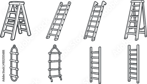A collection of various ladder designs in black and white outline vector style, suitable for construction and home improvement projects