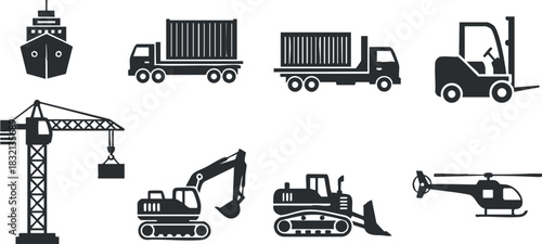 A set of transportation and construction icons including a crane, truck, forklift, excavator, bulldozer, and helicopter in black and white vector style, ideal for logistics and industrial themes