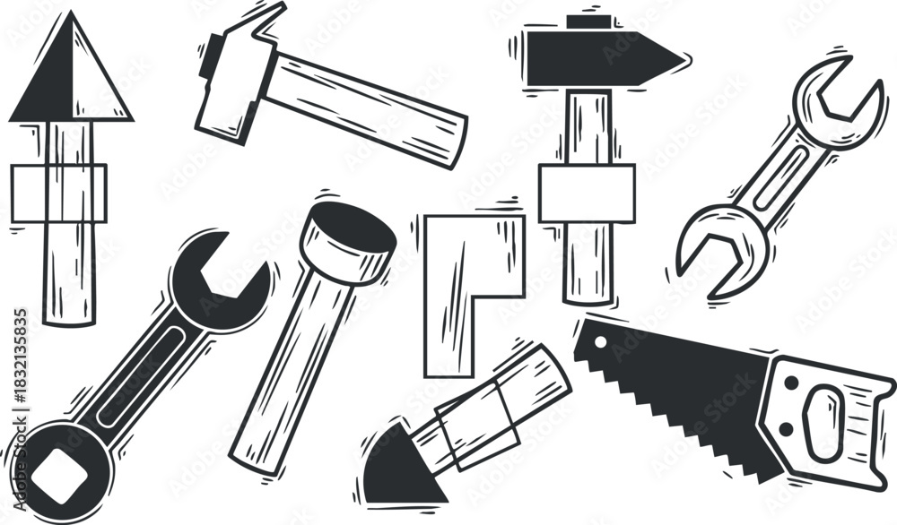 Fototapeta premium A collection of various tools including wrenches, hammers, and saws in black and white outline vector style, ideal for construction and repair projects