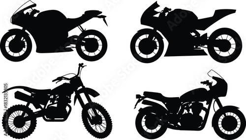 Four distinct black silhouette styles of motorcycles including sport bikes and dirt bikes motorbike