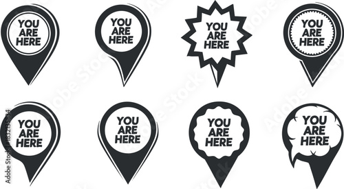 A collection of various location markers featuring 'You Are Here' text in black and white vector style, suitable for navigation and wayfinding design