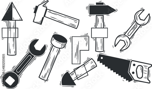 A collection of various tools including wrenches, hammers, and saws in black and white outline vector style, ideal for construction and repair projects