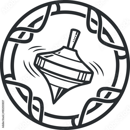 A spinning top toy inside a circular frame in black and white line art vector style, perfect for playful designs and children's themes