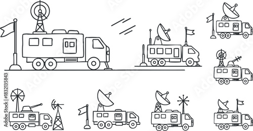 A collection of communication vehicles with antennas and satellite dishes in minimalist outline vector style, suitable for technology and travel projects