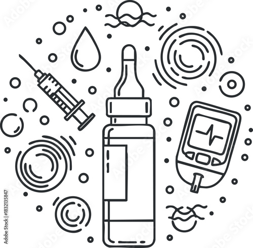 A collection of diabetes-related medical equipment including a syringe, insulin vial, and glucose monitor in a black outline vector style, suitable for healthcare and medical illustrations