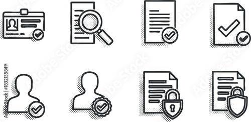 A collection of identity verification icons featuring profiles, documents, and security checks in minimalist vector outline style, suitable for professional and business applications