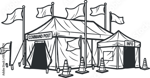 A command post tent with flags and an information booth in black and white line art vector style, suitable for event planning and emergency management
