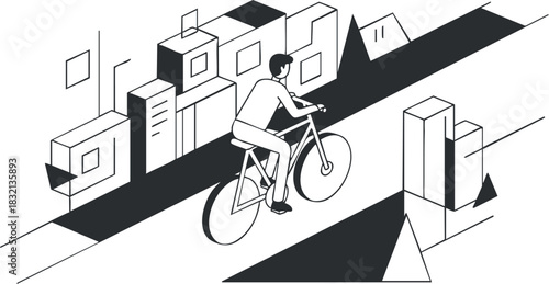 A cyclist riding a bicycle in a minimalist line art style against an urban backdrop, ideal for transportation and lifestyle themes
