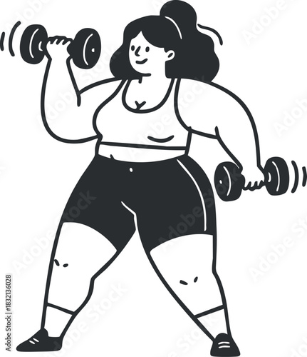 A strong woman lifting dumbbells in a bold black and white vector illustration, perfect for fitness and wellness themes