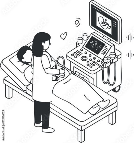 A doctor conducting an ultrasound examination on a pregnant patient in black and white outline vector style, suitable for healthcare illustrations