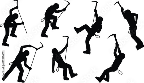 Silhouettes of ice climbers in various dynamic poses with ice axes and crampons ice climbing