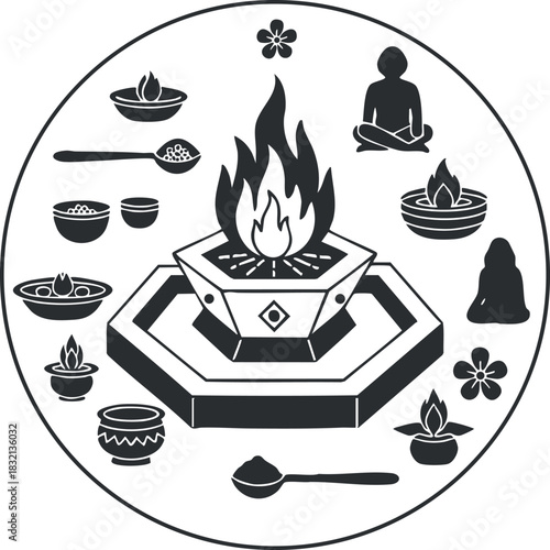 A sacred fire altar with bowls and meditative figures in black and white minimalist vector style, ideal for spiritual designs
