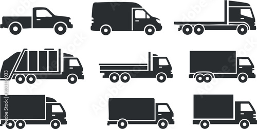 A set of various trucks including pickup, delivery van, and garbage truck in black and white vector style, ideal for logistics and transportation branding