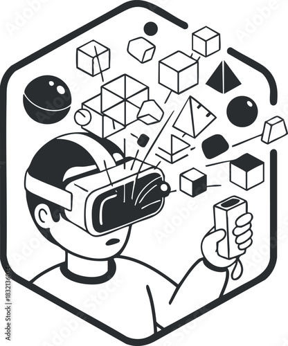 A child wearing virtual reality goggles interacting with geometric shapes in a minimalist black and white vector style, suitable for technology and education themes