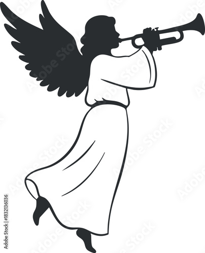 An angel playing a trumpet with wings in a black and white outline vector style, suitable for religious and festive themes