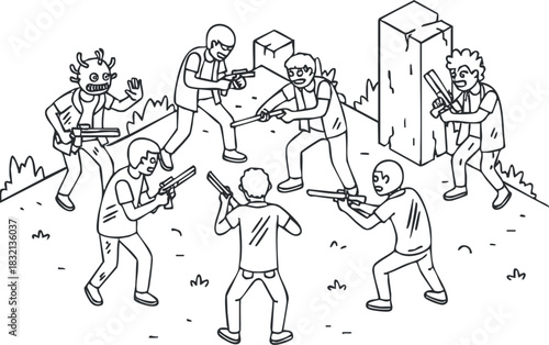 A humorous scene depicting a group of characters in a playful shootout, illustrated in black and white outline style, perfect for comic design and entertainment projects
