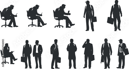 A collection of business silhouettes depicting professional men in various poses in black and white vector style, ideal for corporate design projects